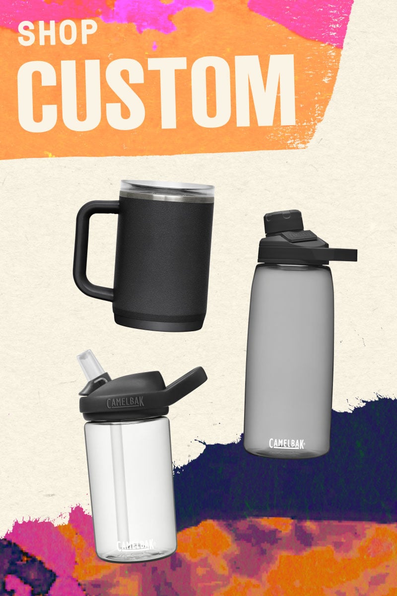 three camelbak products over tan and colorful background