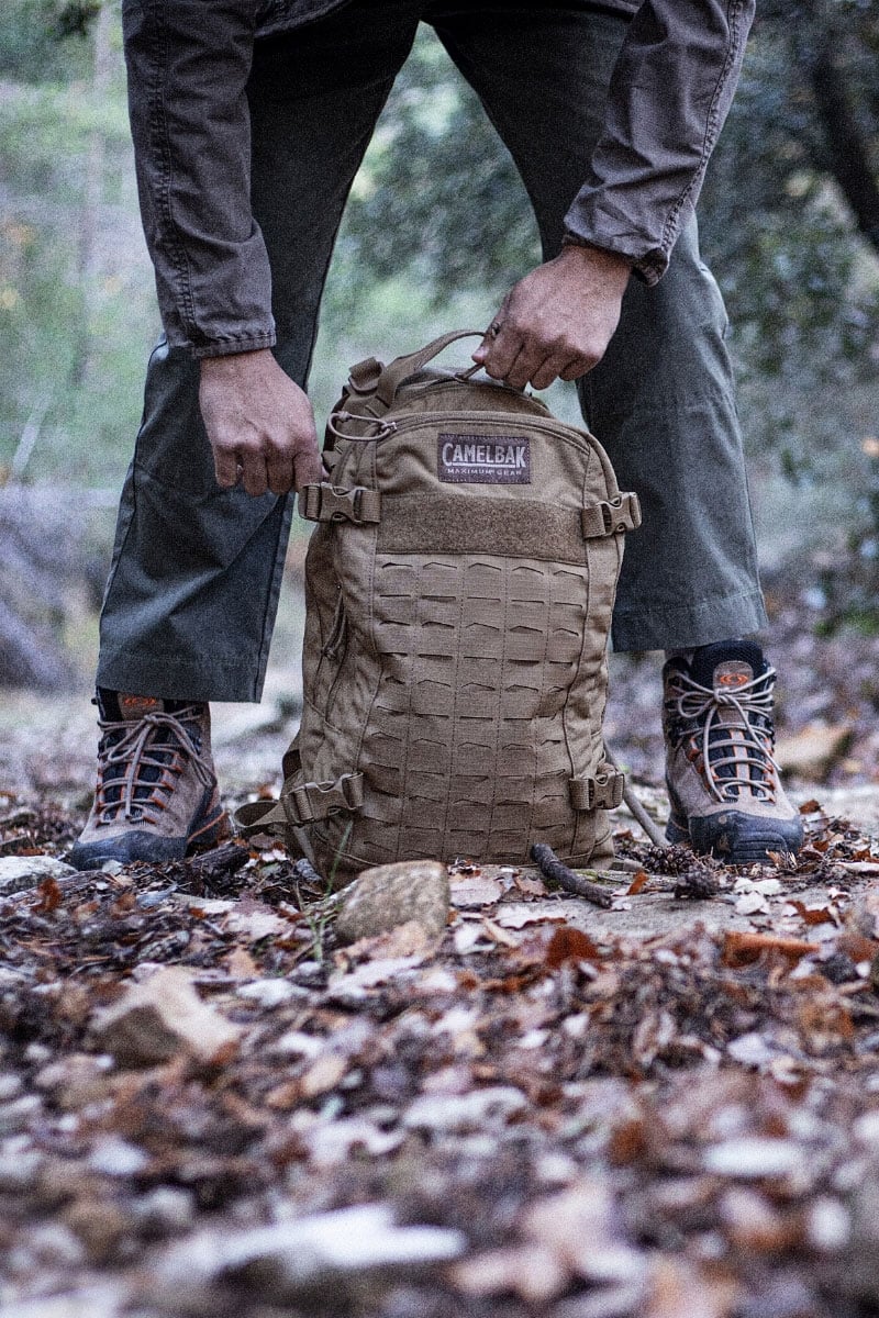 The CamelBak Hawg 100oz backpack in the forest