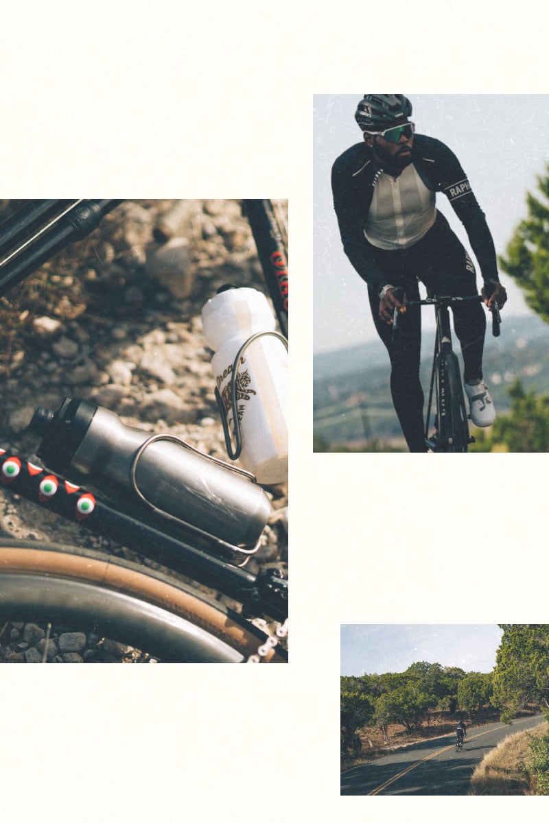 One image with two bike bottles, one man riding and bike, and another bike rider on the road